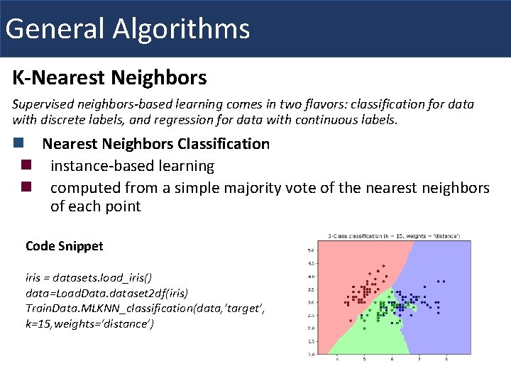 General Algorithms K-Nearest Neighbors Supervised neighbors-based learning comes in two flavors: classification for data