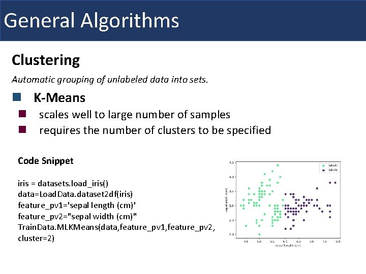 General Algorithms Clustering Automatic grouping of unlabeled data into sets. n K-Means n scales