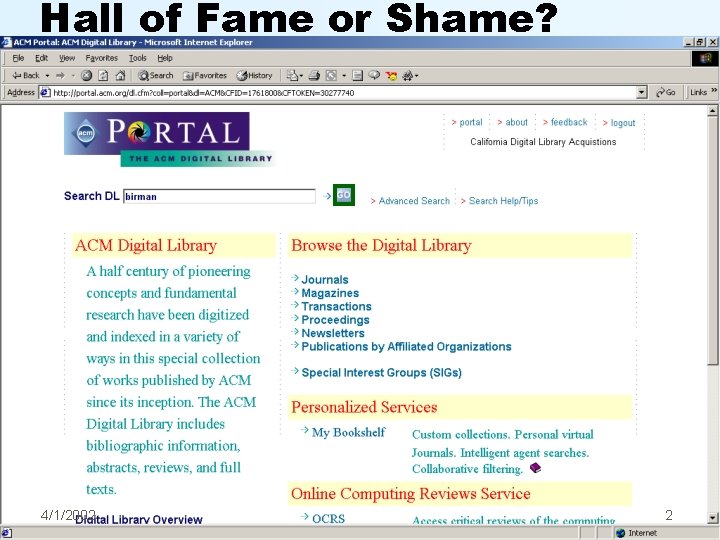 Hall of Fame or Shame? 4/1/2002 2 