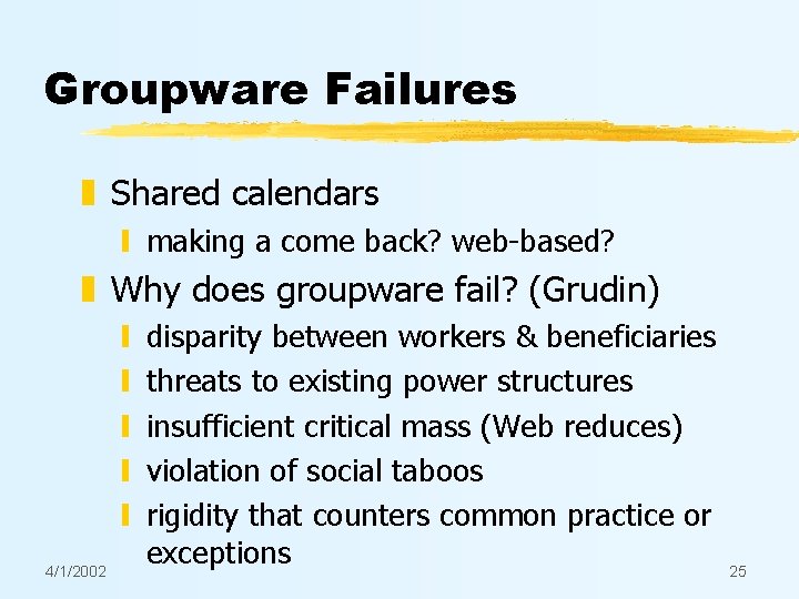 Groupware Failures z Shared calendars y making a come back? web-based? z Why does