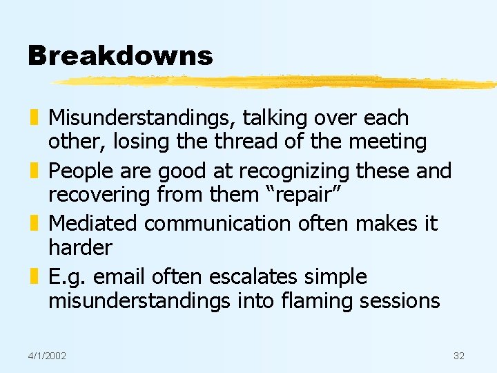 Breakdowns z Misunderstandings, talking over each other, losing the thread of the meeting z