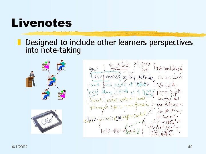 Livenotes z Designed to include other learners perspectives into note-taking 4/1/2002 40 