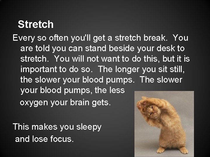 Stretch Every so often you'll get a stretch break. You are told you can