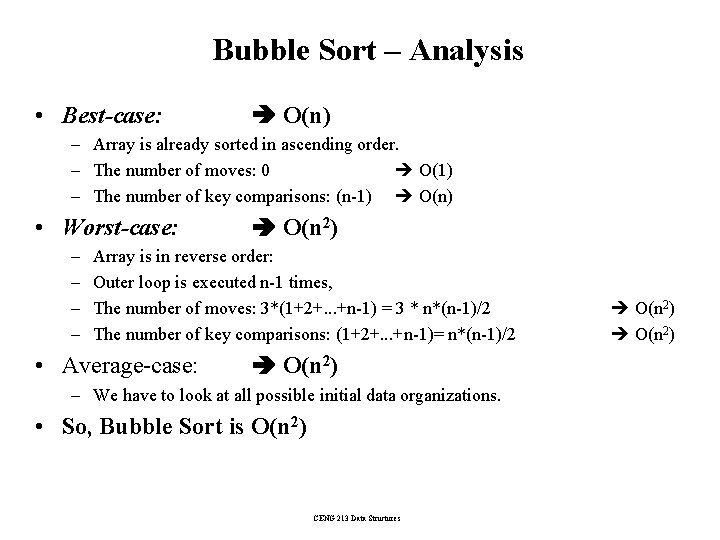 Bubble Sort – Analysis • Best-case: O(n) – Array is already sorted in ascending