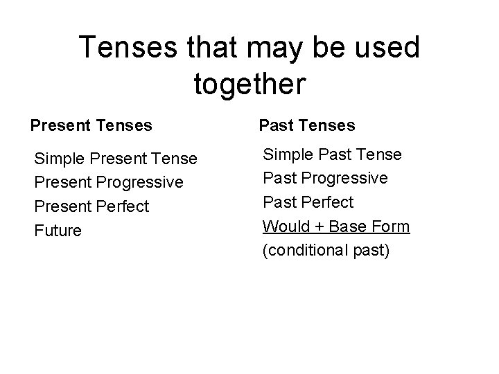 Tenses that may be used together Present Tenses Past Tenses Simple Present Tense Present