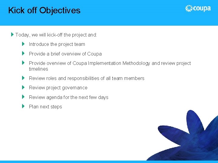 Kick off Objectives Today, we will kick-off the project and: Introduce the project team