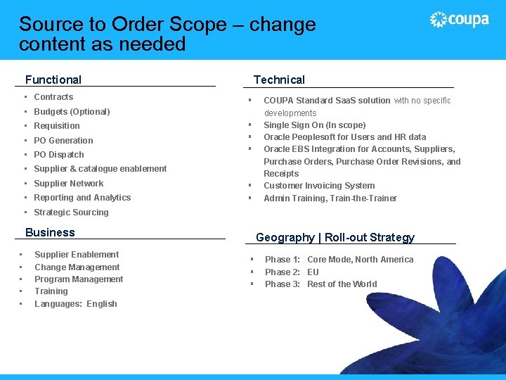 Source to Order Scope – change content as needed Technical Functional • Contracts §