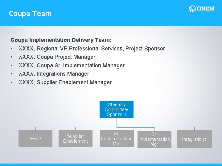 Coupa Team Coupa Implementation Delivery Team: • • • XXXX, Regional VP Professional Services,