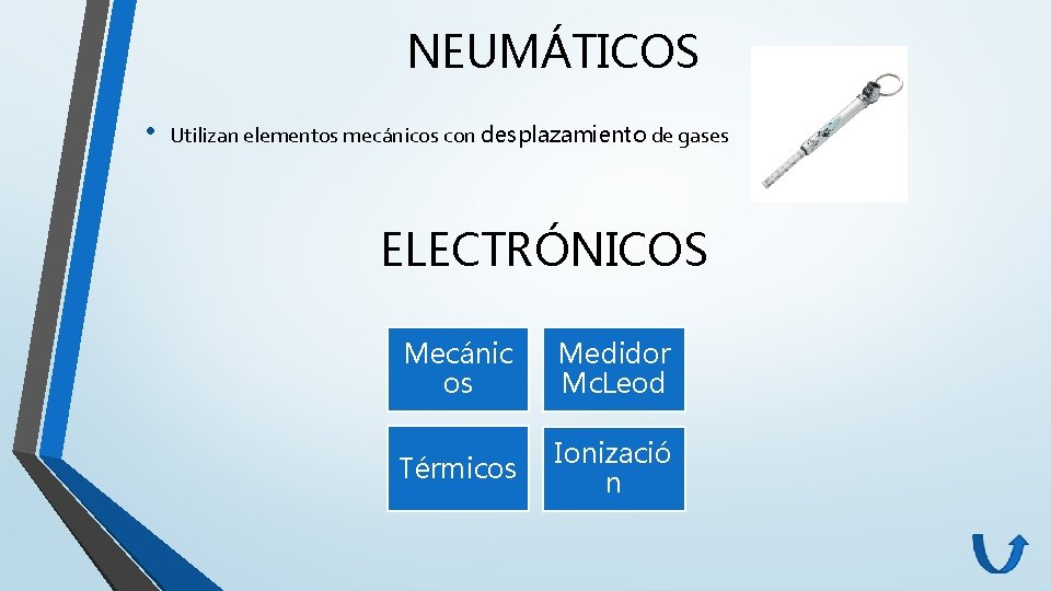 NEUMÁTICOS • Utilizan elementos mecánicos con desplazamiento de gases ELECTRÓNICOS Mecánic os Medidor Mc.