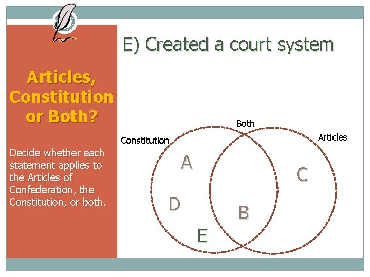 E) Created a court system Articles, Constitution or Both? Both Articles Constitution Decide whether