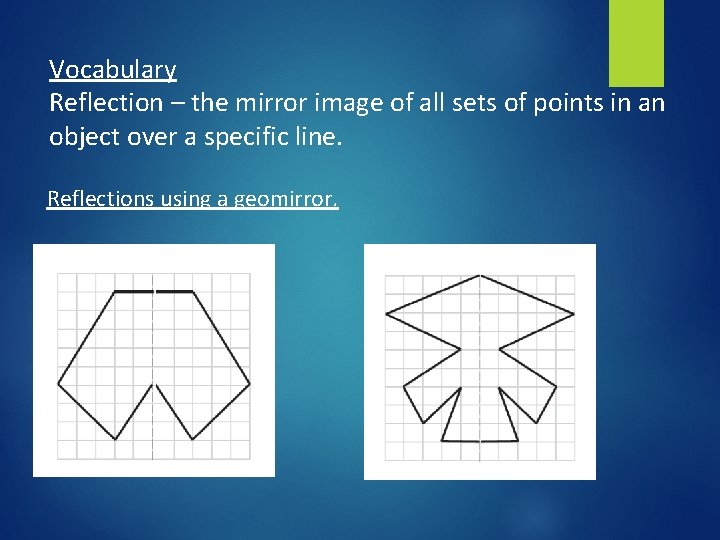 Vocabulary Reflection – the mirror image of all sets of points in an object