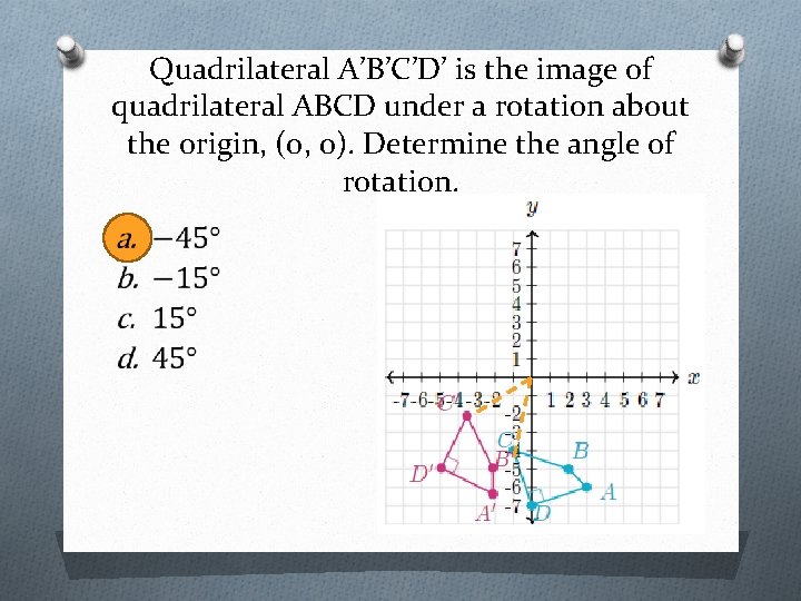 Quadrilateral A’B’C’D’ is the image of quadrilateral ABCD under a rotation about the origin,