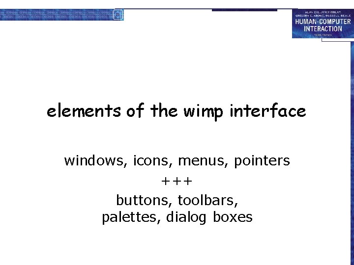 elements of the wimp interface windows, icons, menus, pointers +++ buttons, toolbars, palettes, dialog