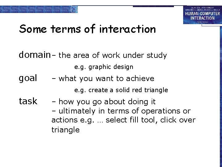 Some terms of interaction domain – the area of work under study e. g.