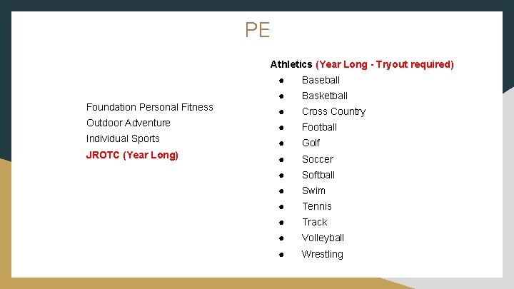 PE Athletics (Year Long - Tryout required) ● Baseball ● Basketball Foundation Personal Fitness