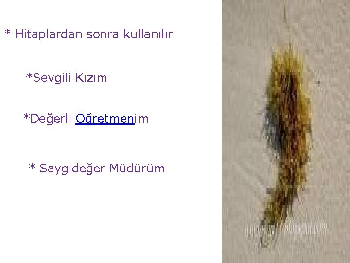 * Hitaplardan sonra kullanılır *Sevgili Kızım *Değerli Öğretmenim * Saygıdeğer Müdürüm 