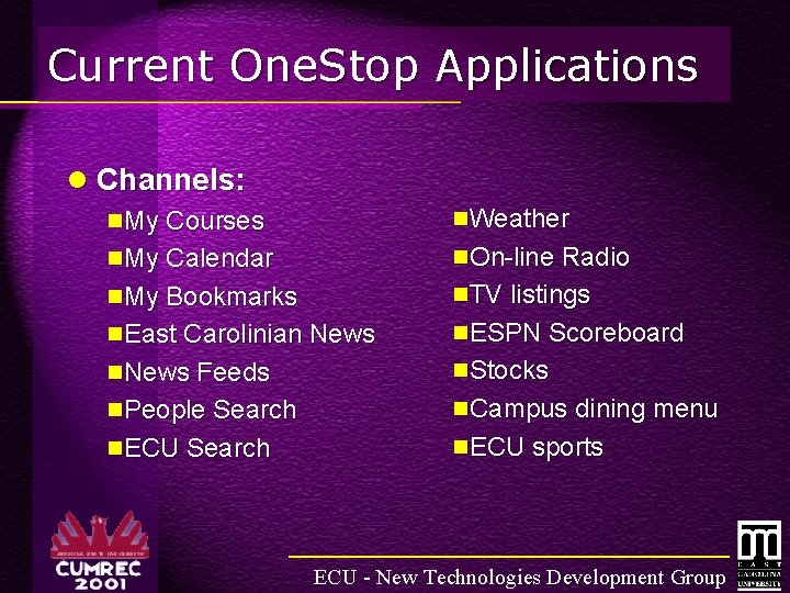 Current One. Stop Applications l Channels: n. My Courses n. Weather n. My Calendar