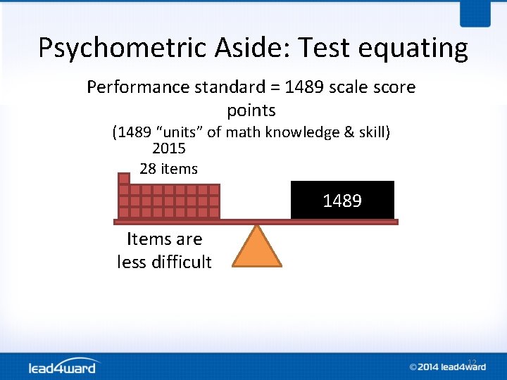 Psychometric Aside: Test equating Performance standard = 1489 scale score points (1489 “units” of Psychometric Aside: Test equating Performance standard = 1489 scale score points (1489 “units” of