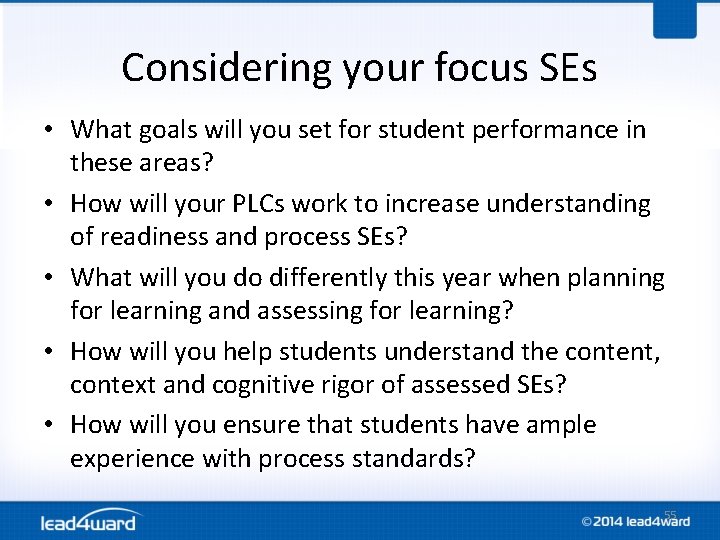 Considering your focus SEs • What goals will you set for student performance in Considering your focus SEs • What goals will you set for student performance in