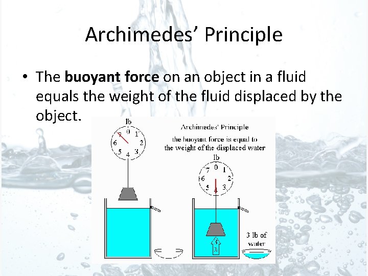 Archimedes’ Principle • The buoyant force on an object in a fluid equals the