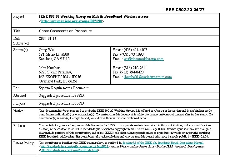 IEEE C 802. 20 -04/27 Project IEEE 802. 20 Working Group on Mobile Broadband