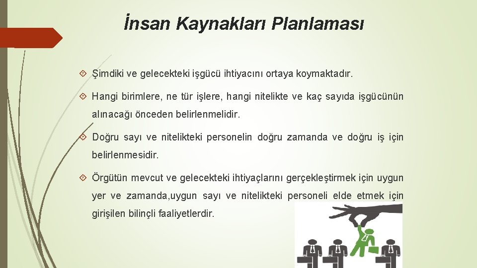 İnsan Kaynakları Planlaması Şimdiki ve gelecekteki işgücü ihtiyacını ortaya koymaktadır. Hangi birimlere, ne tür