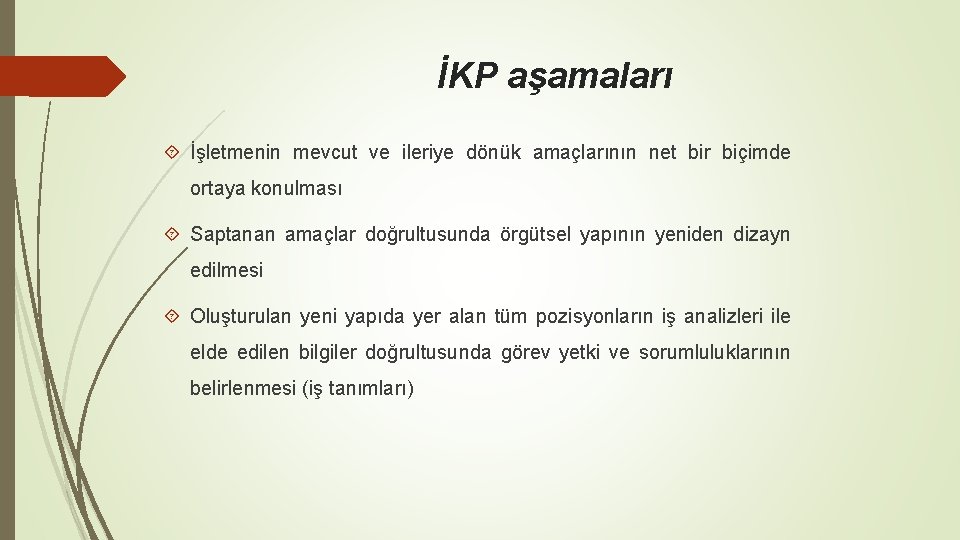 İKP aşamaları İşletmenin mevcut ve ileriye dönük amaçlarının net bir biçimde ortaya konulması Saptanan