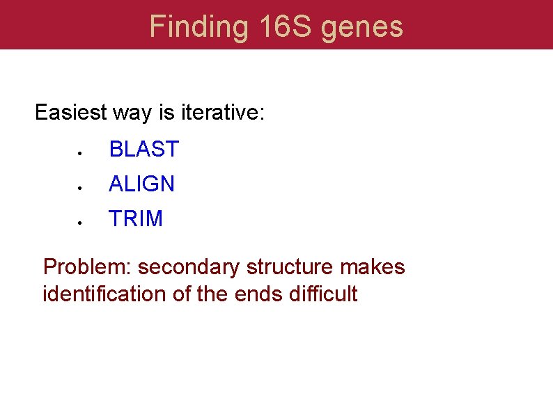 Finding 16 S genes Easiest way is iterative: BLAST ALIGN TRIM Problem: secondary structure