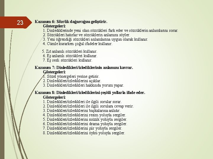 23 Kazanım 6: Sözcük dağarcığını geliştirir. Göstergeleri: 1. Dinlediklerinde yeni olan sözcükleri fark eder