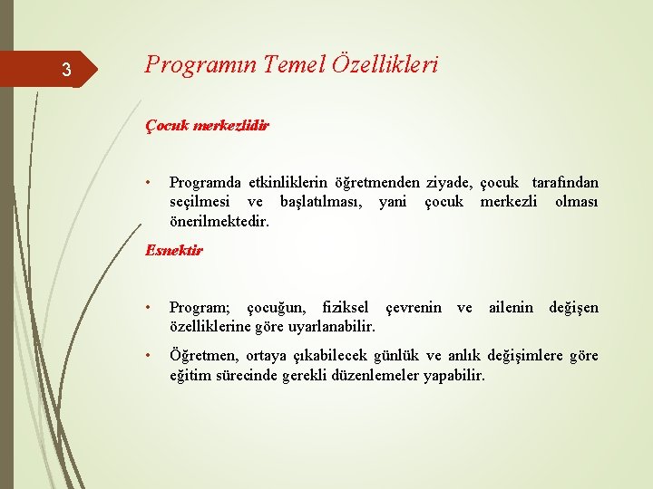 3 Programın Temel Özellikleri Çocuk merkezlidir • Programda etkinliklerin öğretmenden ziyade, çocuk tarafından seçilmesi