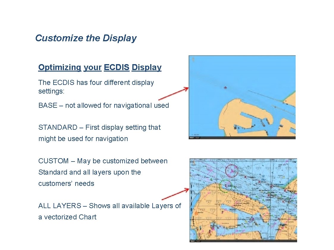 Customize the Display Optimizing your ECDIS Display The ECDIS has four different display settings:
