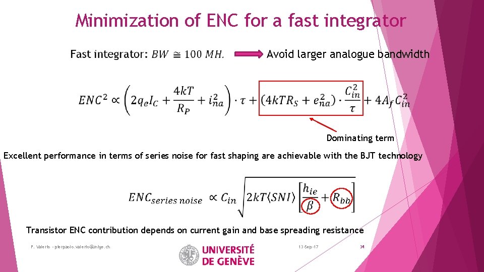 Minimization of ENC for a fast integrator Avoid larger analogue bandwidth Dominating term Excellent