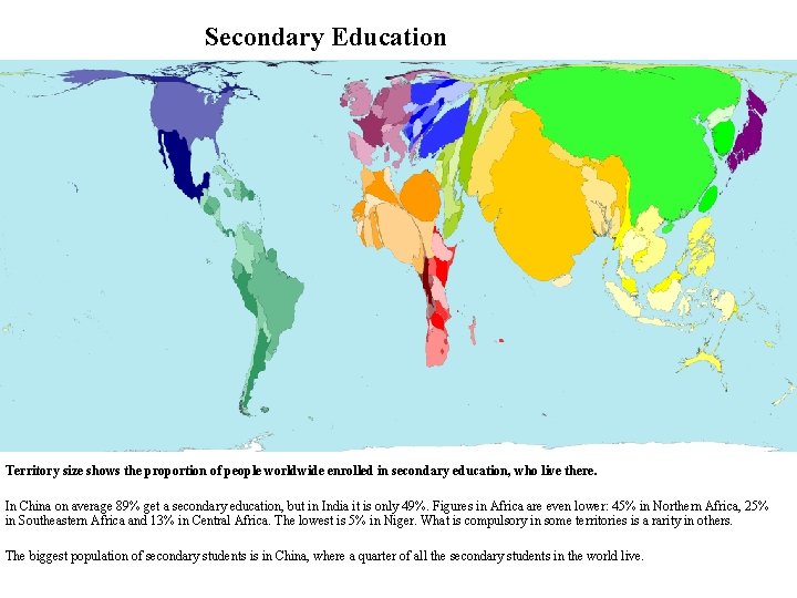 Secondary Education Territory size shows the proportion of people worldwide enrolled in secondary education,