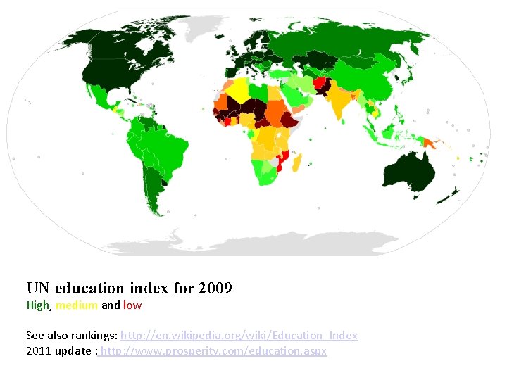 UN education index for 2009 High, medium and low See also rankings: http: //en.