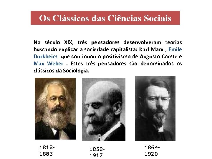 Os Clássicos das Ciências Sociais No século XIX, três pensadores desenvolveram teorias buscando explicar
