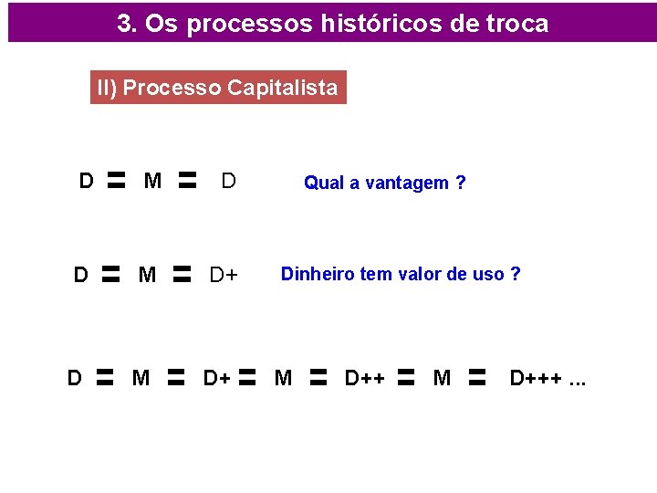 3. Os processos históricos de troca II) Processo Capitalista D M D+ Qual a