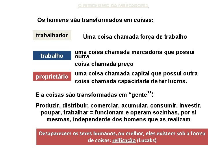 O FETICHISMO DA MERCADORIA Os homens são transformados em coisas: trabalhador Uma coisa chamada