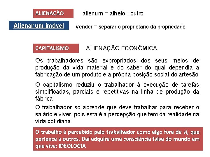 ALIENAÇÃO Alienar um imóvel CAPITALISMO alienum = alheio - outro Vender = separar o