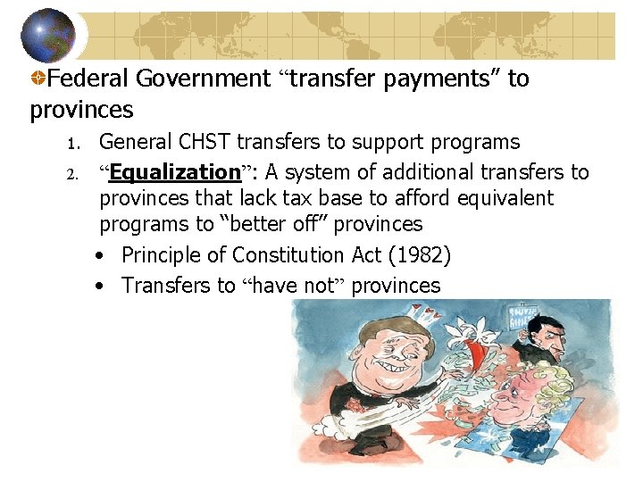 Federal Government “transfer payments” to provinces 1. 2. General CHST transfers to support programs