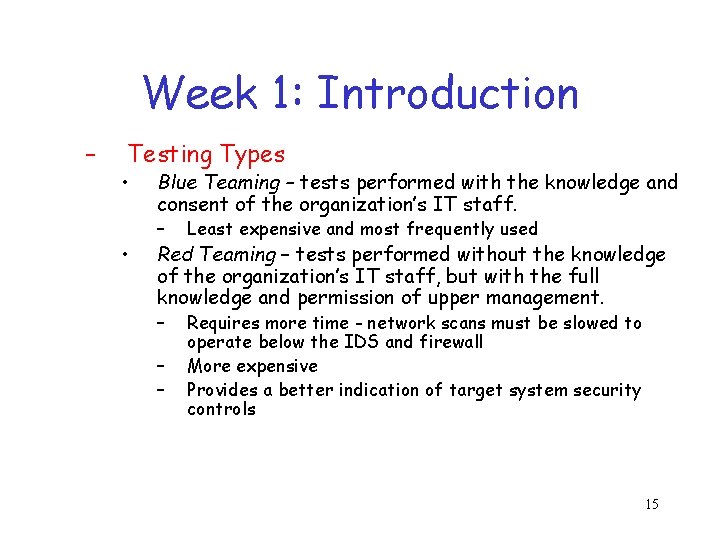 Week 1: Introduction – Testing Types • • Blue Teaming – tests performed with
