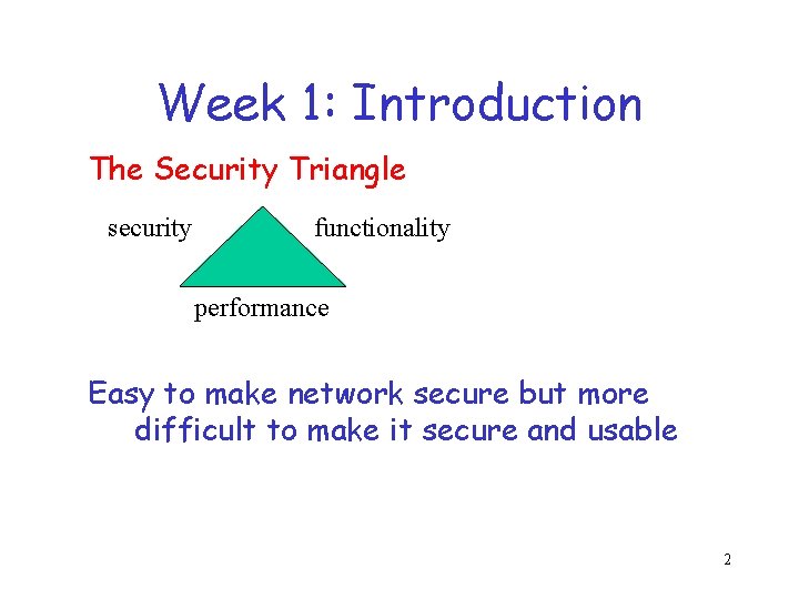 Week 1: Introduction The Security Triangle security functionality performance Easy to make network secure