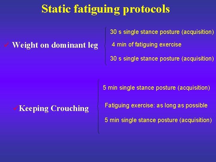 Static fatiguing protocols 30 s single stance posture (acquisition) ü Weight on dominant leg