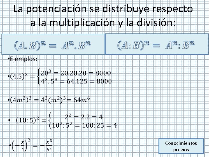 La potenciación se distribuye respecto a la multiplicación y la división: • Conocimientos previos