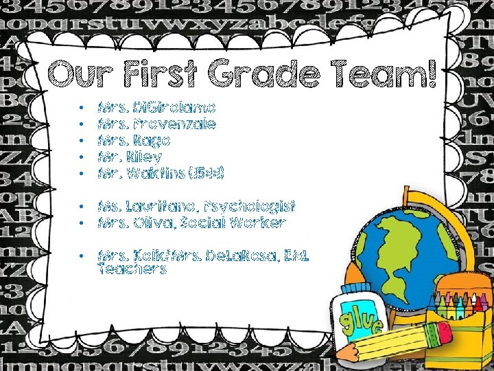 Our First Grade Team! • • • Mrs. Di. Girolamo Mrs. Provenzale Mrs. Rago