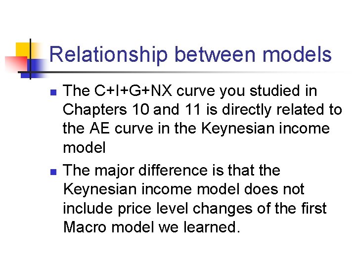 Relationship between models n n The C+I+G+NX curve you studied in Chapters 10 and