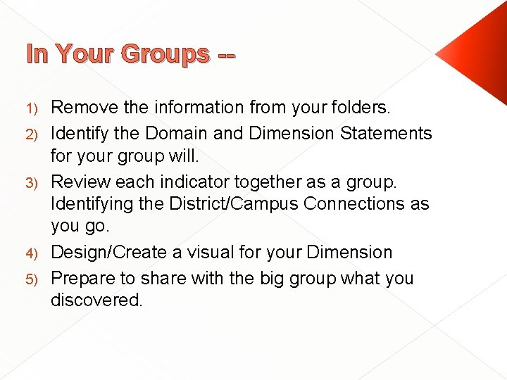 In Your Groups -1) 2) 3) 4) 5) Remove the information from your folders.