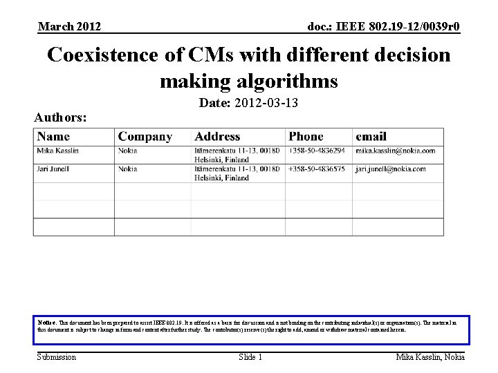 March 2012 doc. : IEEE 802. 19 -12/0039 r 0 Coexistence of CMs with