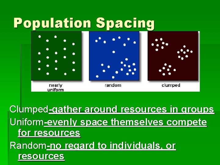 Population Spacing Clumped-gather around resources in groups Uniform-evenly space themselves compete for resources Random-no