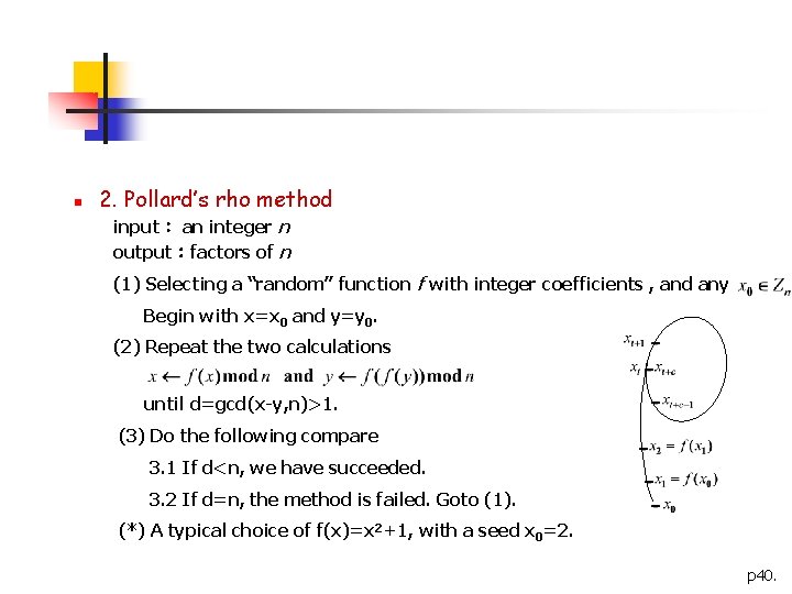 n 2. Pollard’s rho method input： an integer n output：factors of n (1) Selecting