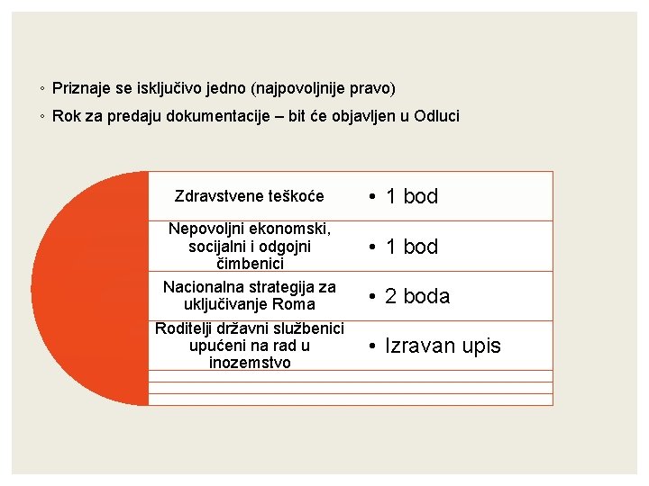 ◦ Priznaje se isključivo jedno (najpovoljnije pravo) ◦ Rok za predaju dokumentacije – bit